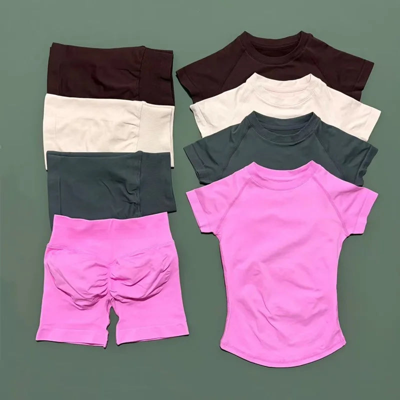 Conjunto deportivo de 2 piezas: top manga corta y calza sin costuras