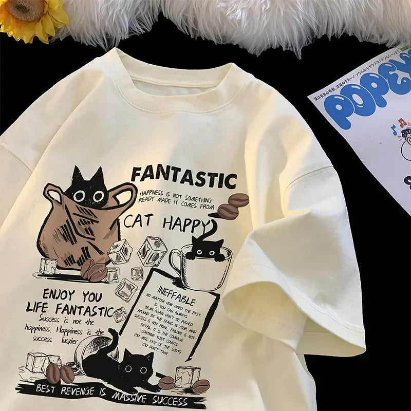 Remera Oversize Unisex Estampado Gato Animado Manga Corta