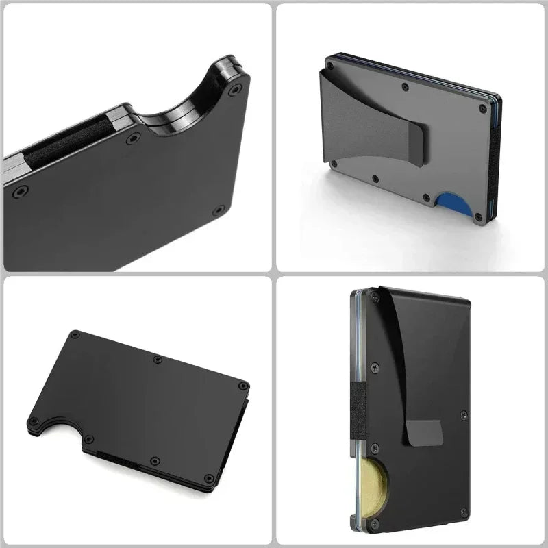 Tarjetero metálico compacto con clip para billetes y bloqueo RFID