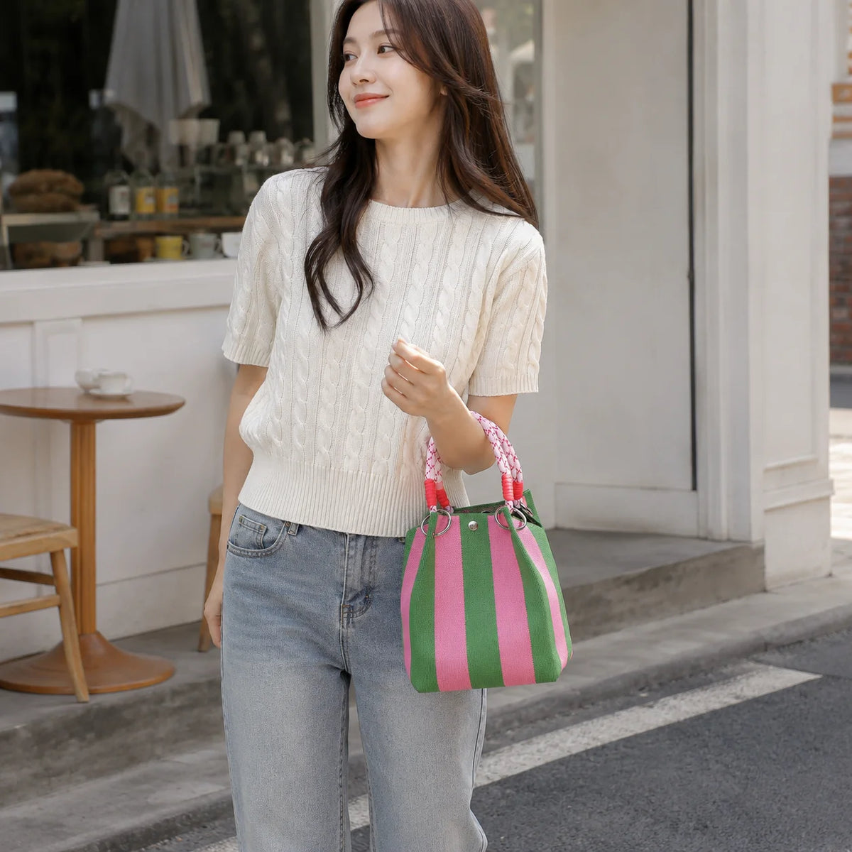 Cartera Tote Mini Tejida a Crochet Rayas Estilo Coreano