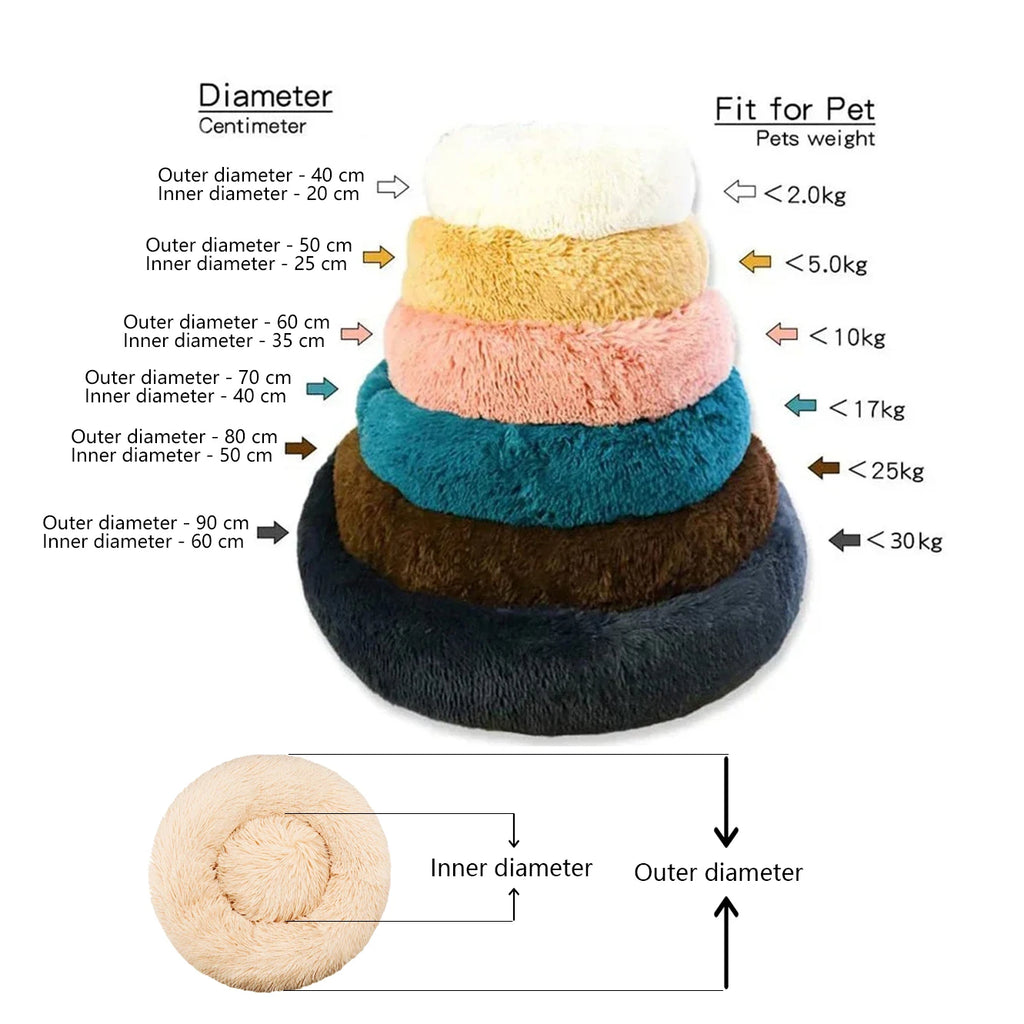 Cama Redonda de Peluche Suave para Perros y Gatos, 6 Tamaños