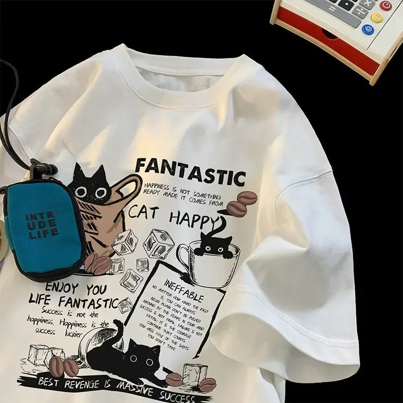 Remera Oversize Unisex Estampado Gato Animado Manga Corta