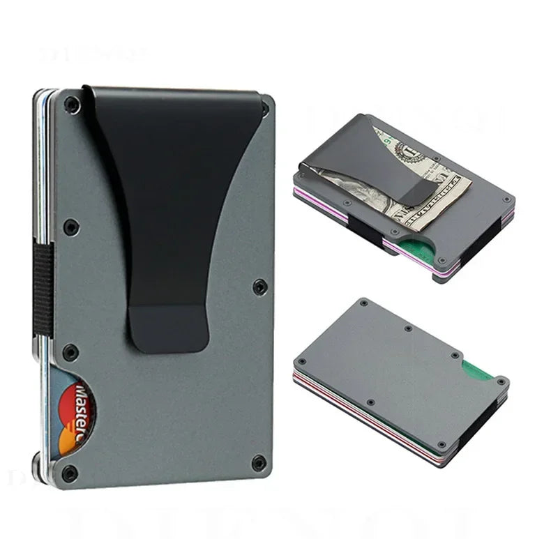 Tarjetero metálico compacto con clip para billetes y bloqueo RFID