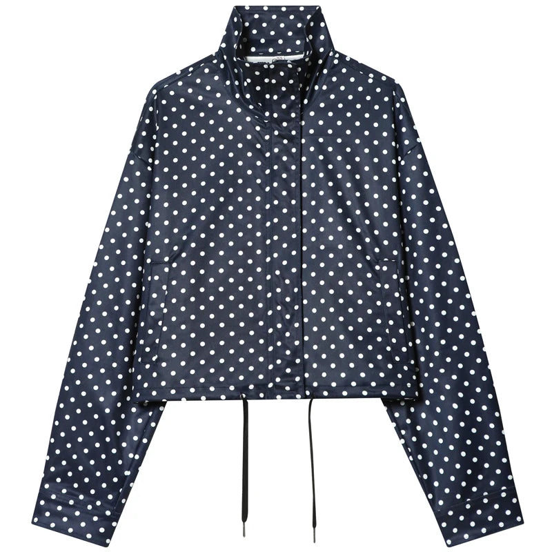 Campera Bombardera Oversize de Lunares para Mujer, Corte Crop con Cierre