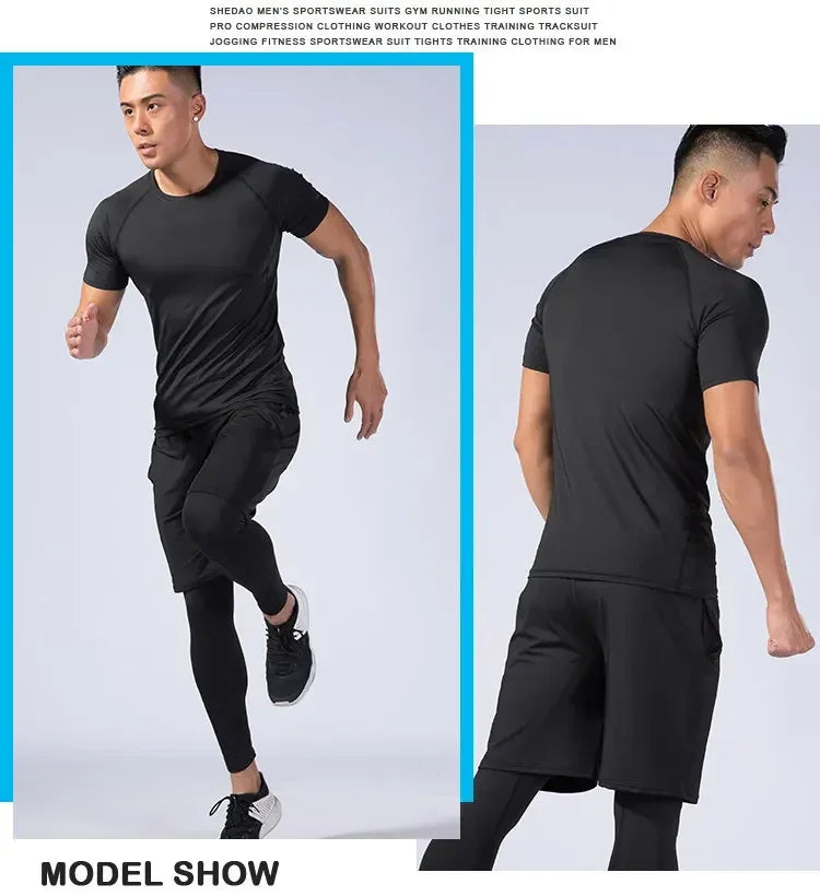 Conjunto deportivo de compresión para hombre, remera y calza elastizada