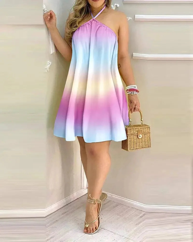Vestido Mini Halter Estampado Tropical Espalda Descubierta Corte A Playero