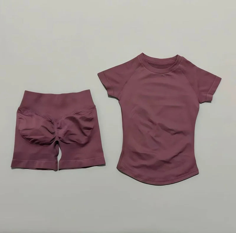 Conjunto deportivo de 2 piezas: top manga corta y calza sin costuras