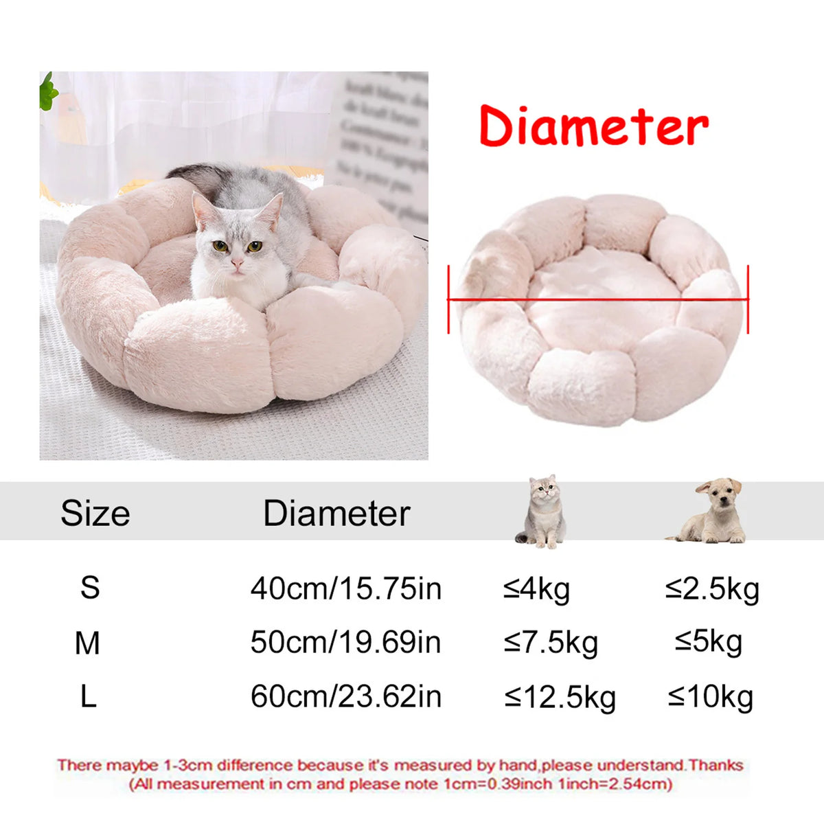 Cama Redonda de Peluche Suave para Perros y Gatos, 6 Tamaños