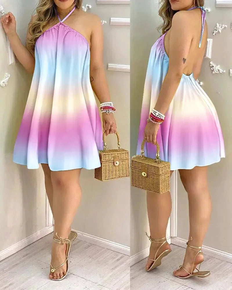 Vestido Mini Halter Estampado Tropical Espalda Descubierta Corte A Playero