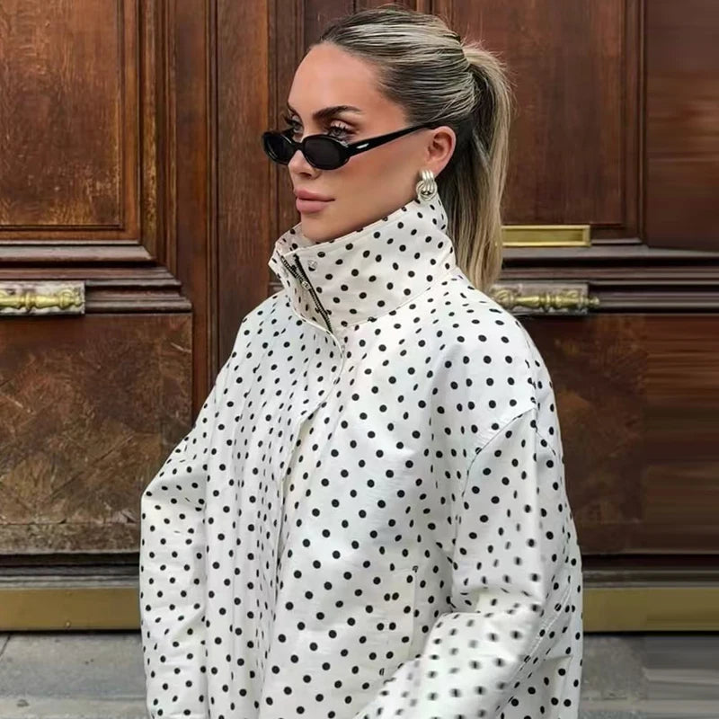 Campera Bombardera Oversize de Lunares para Mujer, Corte Crop con Cierre