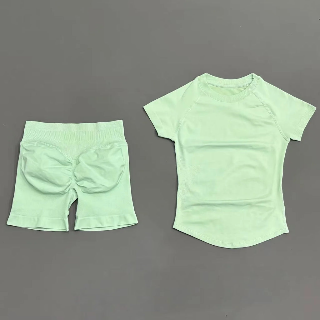 Conjunto deportivo de 2 piezas: top manga corta y calza sin costuras