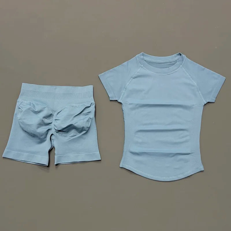 Conjunto deportivo de 2 piezas: top manga corta y calza sin costuras