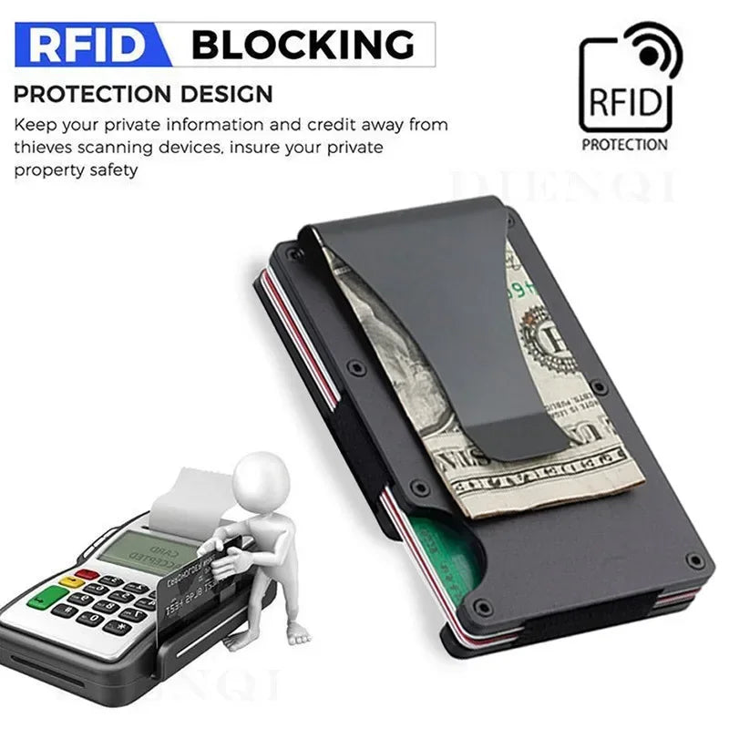 Tarjetero metálico compacto con clip para billetes y bloqueo RFID