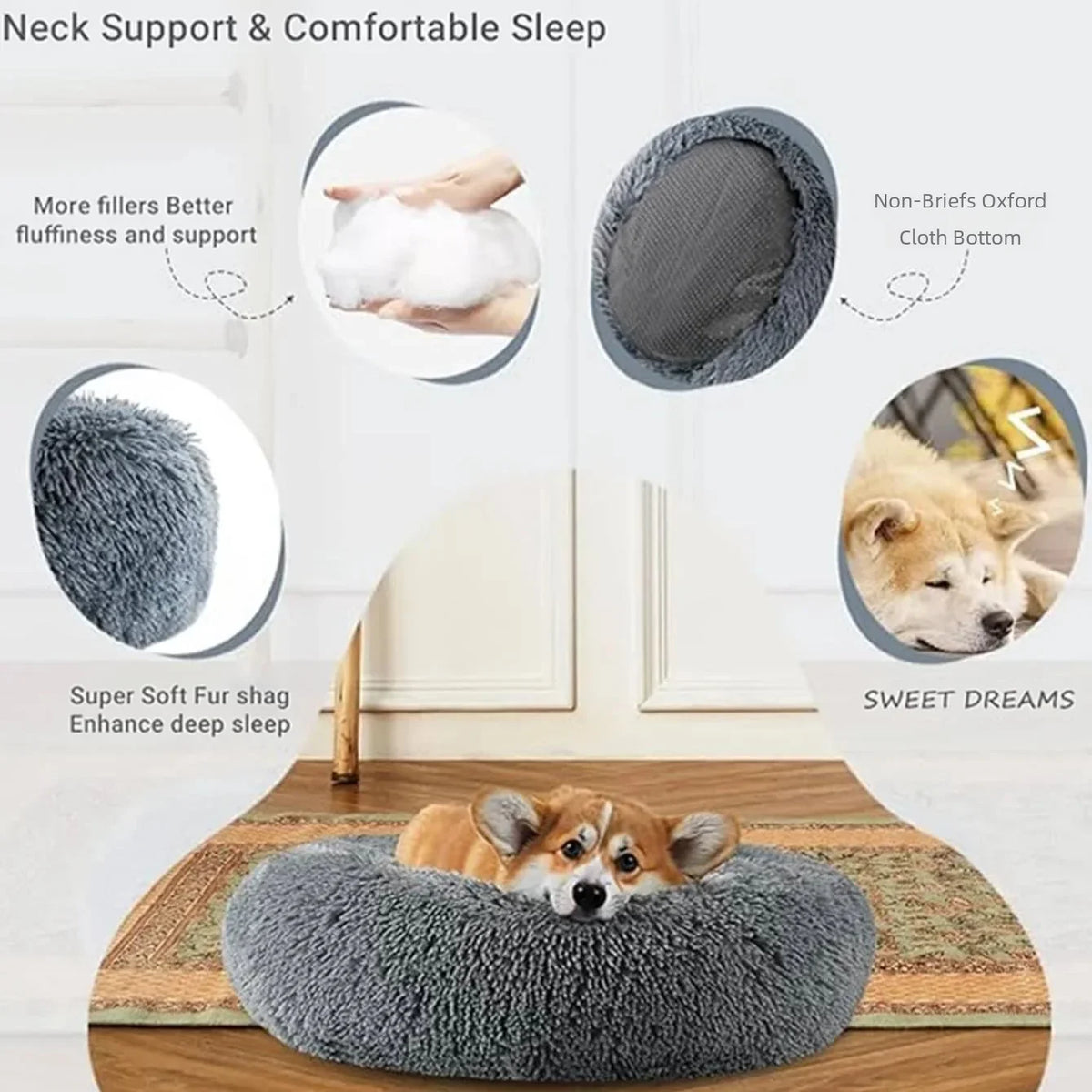 Cama Redonda de Peluche Suave para Perros y Gatos, 6 Tamaños