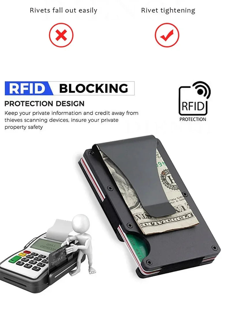 Tarjetero metálico compacto con clip para billetes y bloqueo RFID