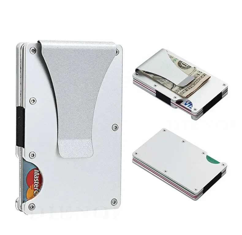 Tarjetero metálico compacto con clip para billetes y bloqueo RFID