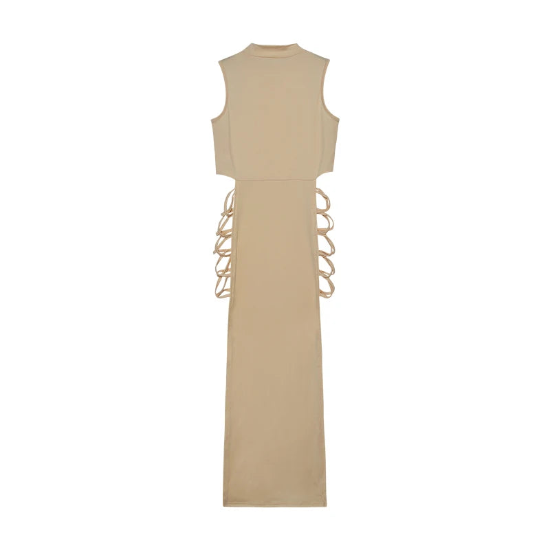 Vestido Bodycon Cruzado con Cut Out, Cuello Alto y Sin Mangas
