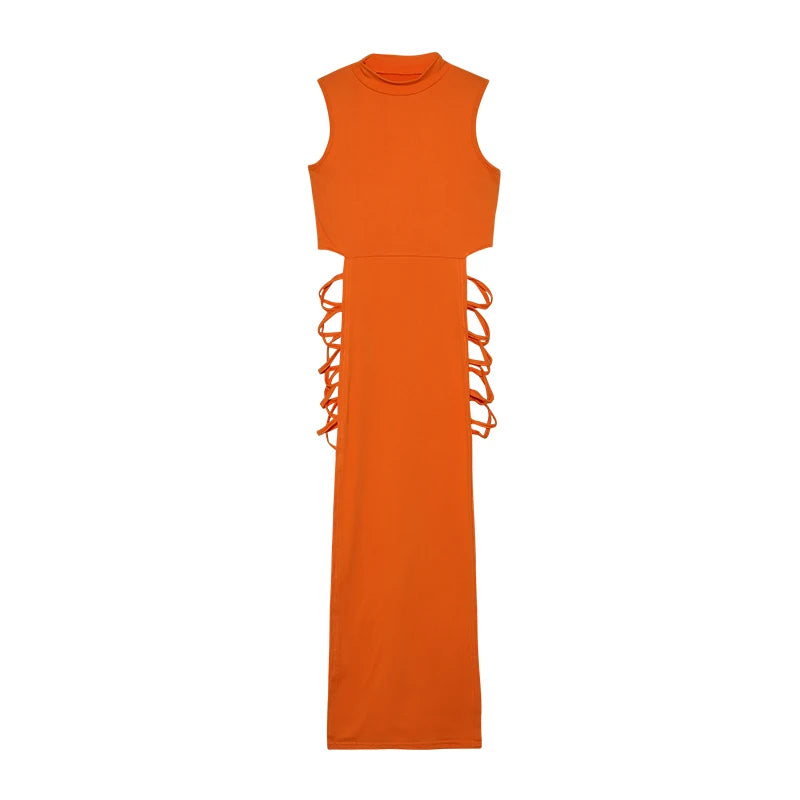 Vestido Bodycon Cruzado con Cut Out, Cuello Alto y Sin Mangas