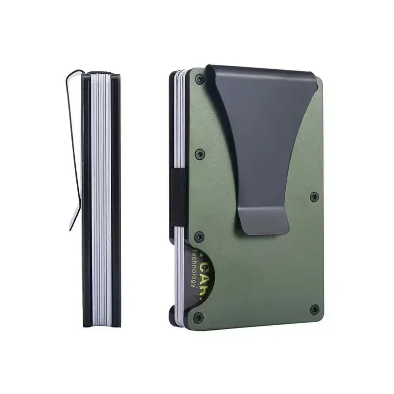 Tarjetero metálico compacto con clip para billetes y bloqueo RFID