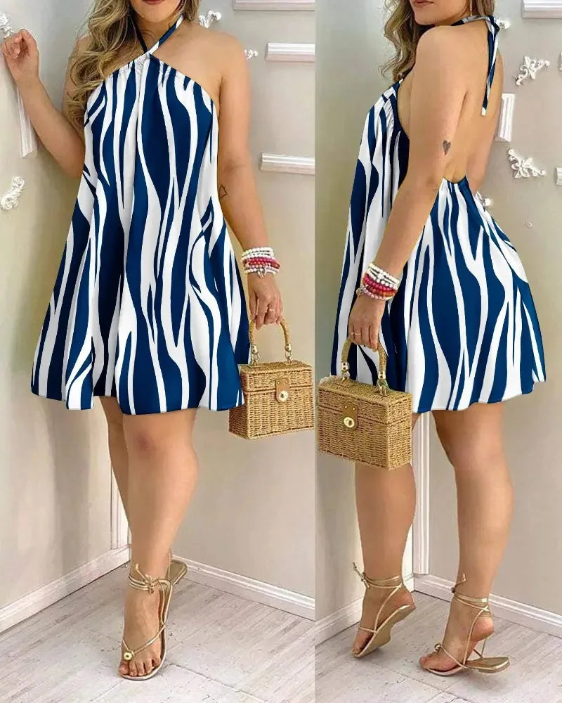 Vestido Mini Halter Estampado Tropical Espalda Descubierta Corte A Playero