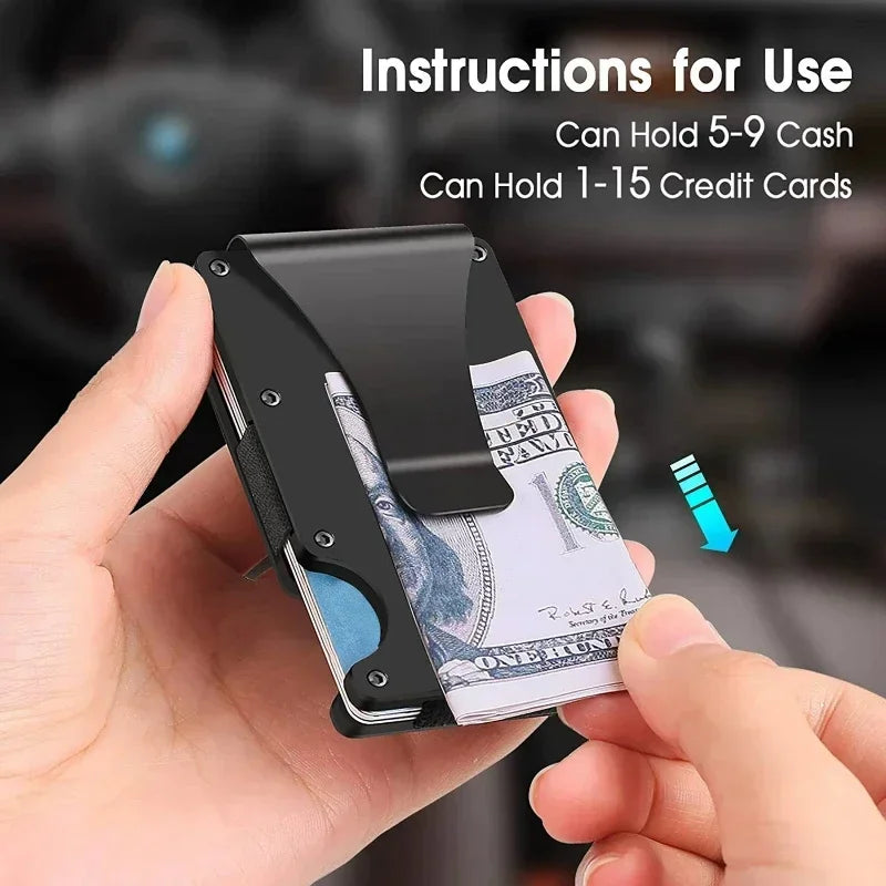 Tarjetero metálico compacto con clip para billetes y bloqueo RFID
