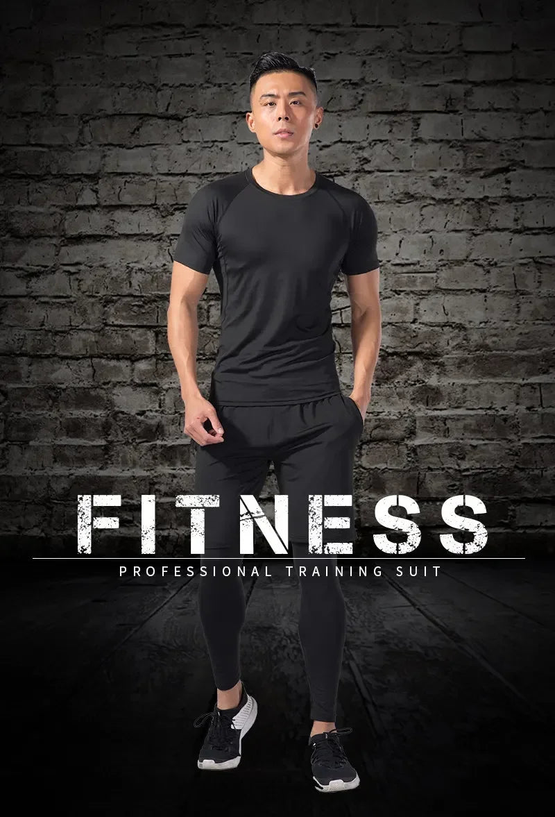 Conjunto deportivo de compresión para hombre, remera y calza elastizada