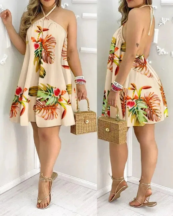 Vestido Mini Halter Estampado Tropical Espalda Descubierta Corte A Playero