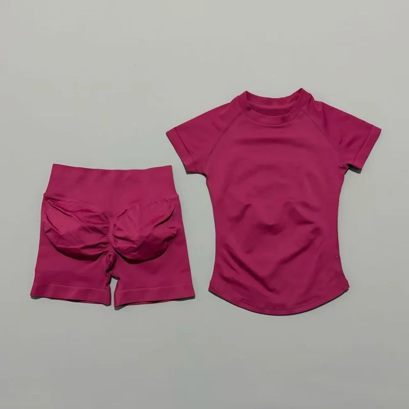 Conjunto deportivo de 2 piezas: top manga corta y calza sin costuras