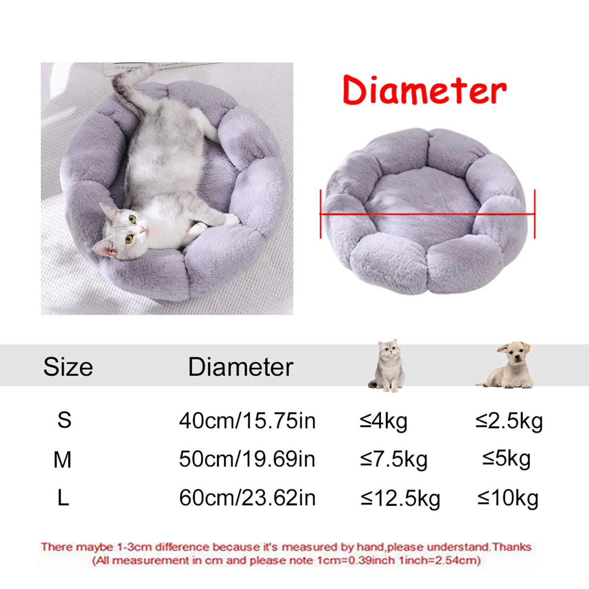 Cama Redonda de Peluche Suave para Perros y Gatos, 6 Tamaños