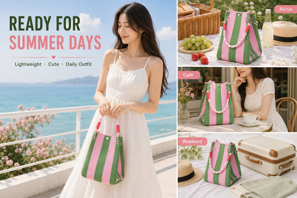 Cartera Tote Mini Tejida a Crochet Rayas Estilo Coreano