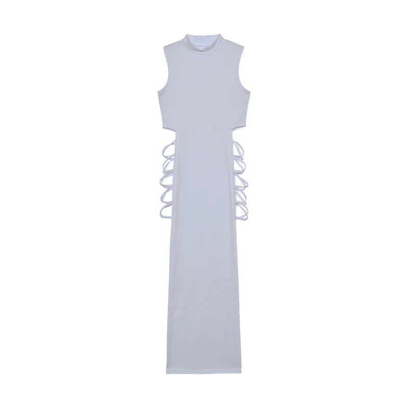 Vestido Bodycon Cruzado con Cut Out, Cuello Alto y Sin Mangas