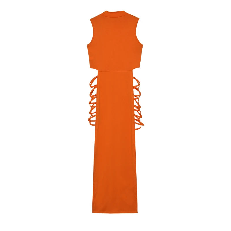 Vestido Bodycon Cruzado con Cut Out, Cuello Alto y Sin Mangas