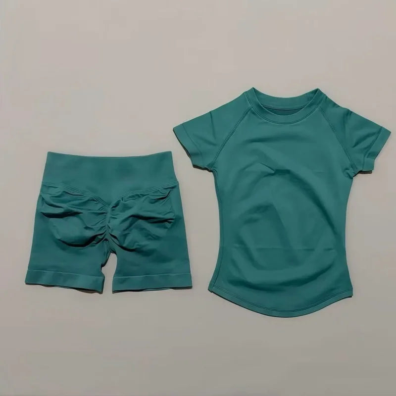Conjunto deportivo de 2 piezas: top manga corta y calza sin costuras