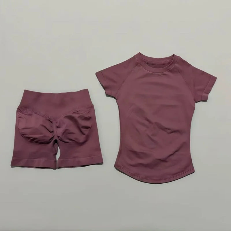 Conjunto deportivo de 2 piezas: top manga corta y calza sin costuras