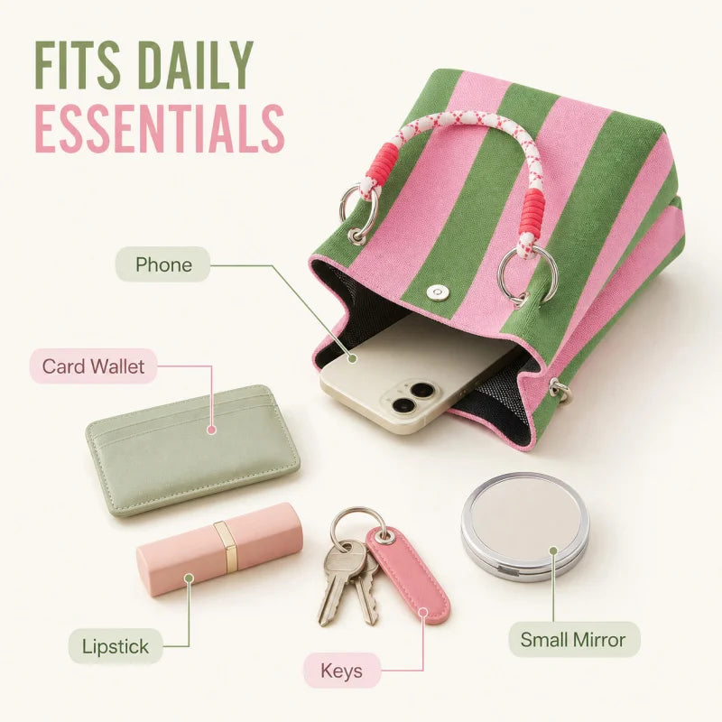Cartera Tote Mini Tejida a Crochet Rayas Estilo Coreano