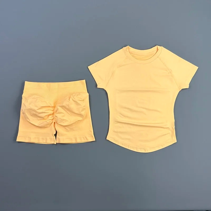 Conjunto deportivo de 2 piezas: top manga corta y calza sin costuras